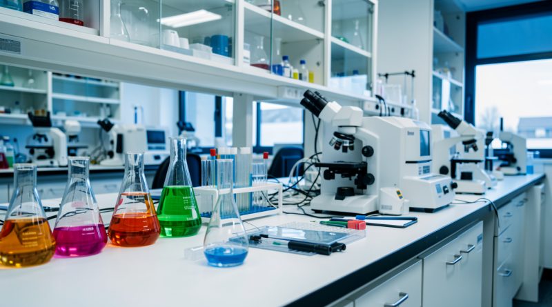 Laboratoire de chimie moderne avec verrerie colorée, instruments scientifiques et équipements de protection disposés sur une paillasse lumineuse.