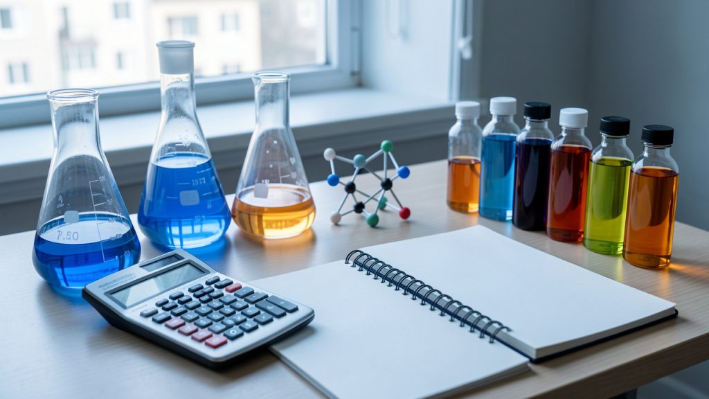Matériel de laboratoire de chimie, calculatrice scientifique, modèles moléculaires et pages vierges évoquant les bases mathématiques nécessaires en licence de chimie.