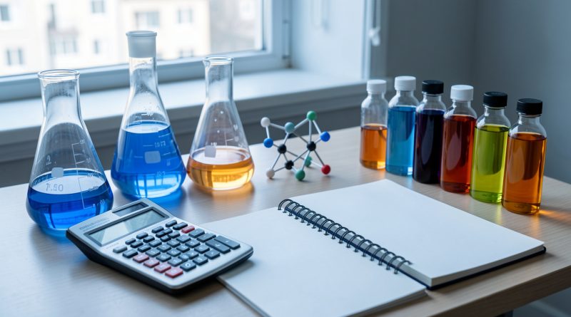 Matériel de laboratoire de chimie, calculatrice scientifique, modèles moléculaires et pages vierges évoquant les bases mathématiques nécessaires en licence de chimie.