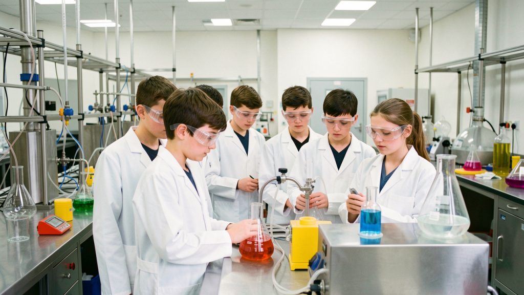 Des collégiens portant des blouses blanches et des lunettes de protection découvrent un laboratoire industriel de chimie dans une ambiance pédagogique lumineuse.