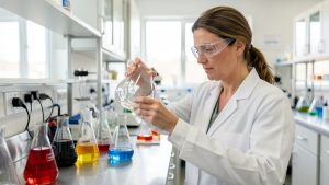 Une femme d’une trentaine d’années, en blouse blanche et lunettes de protection, observe attentivement un bécher dans un laboratoire moderne de chimie.