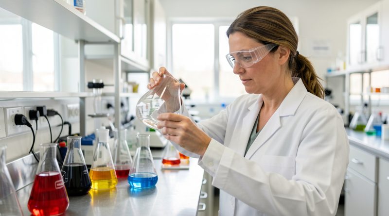 Une femme d’une trentaine d’années, en blouse blanche et lunettes de protection, observe attentivement un bécher dans un laboratoire moderne de chimie.