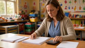 Enseignante de maternelle assise à un bureau lumineux, examinant des documents vierges avec une calculatrice dans une salle de classe chaleureuse.