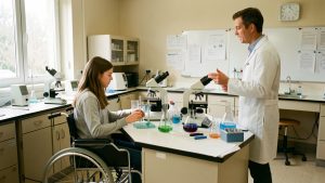 Une élève en fauteuil roulant réalise une expérience à une paillasse accessible tandis qu’un professeur lui explique un protocole visuel dans une salle de chimie lumineuse.