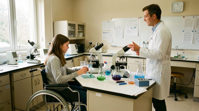 Une élève en fauteuil roulant réalise une expérience à une paillasse accessible tandis qu’un professeur lui explique un protocole visuel dans une salle de chimie lumineuse.
